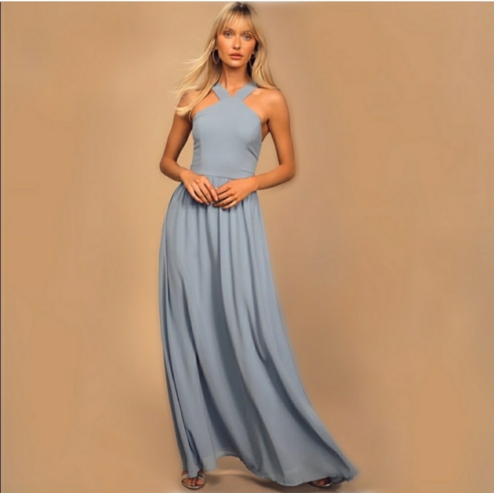 LULU'S Air of Romance Blue Halter Maxi Dress Small